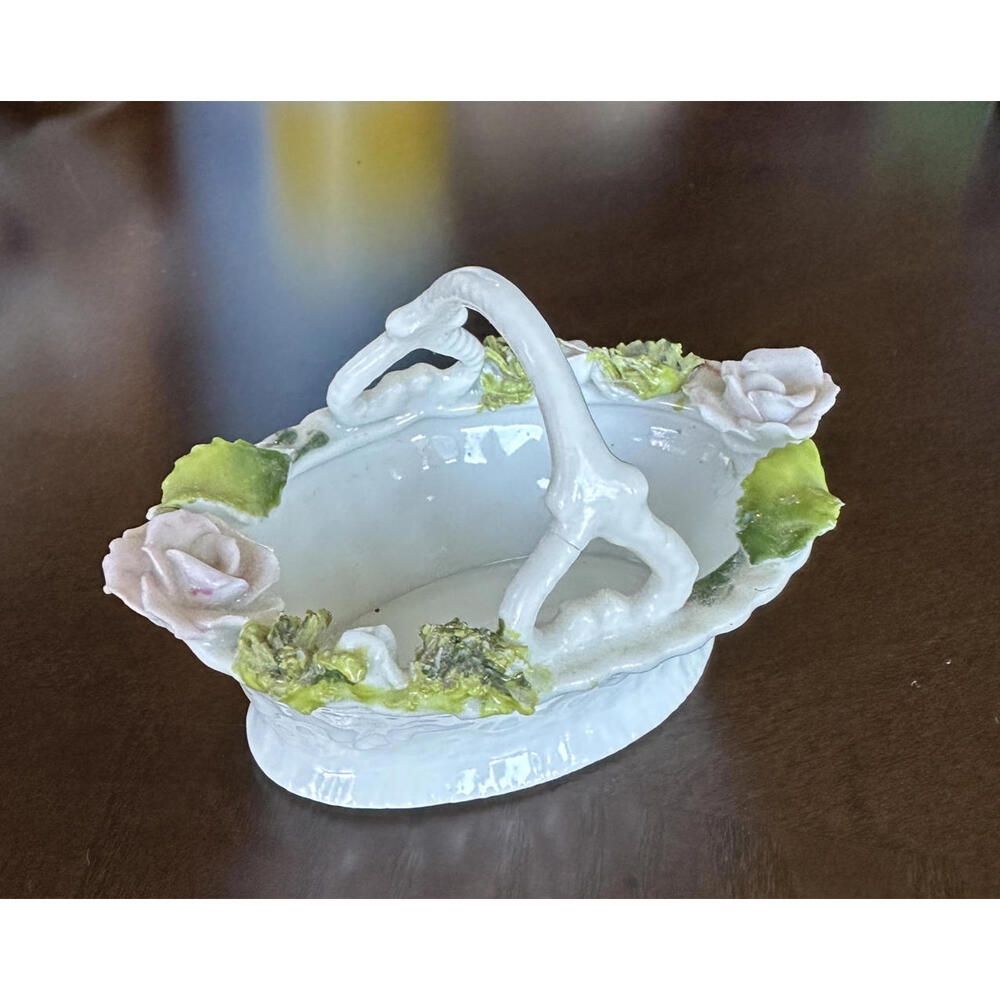 Antique Porcelain Basket with Moss & Pink Roses, Elfin Ware? Germany?